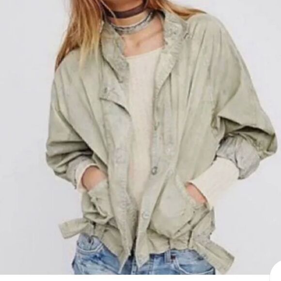Free People Womens Parachute Jacket Military Green Slouchy Splatter Size Small - Picture 2 of 13